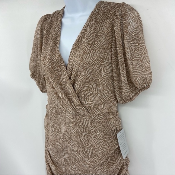 Lush Ruched Faux Wrap Mini Dress in Chocolate Abstract Print Size Medium NWT - Picture 5 of 12